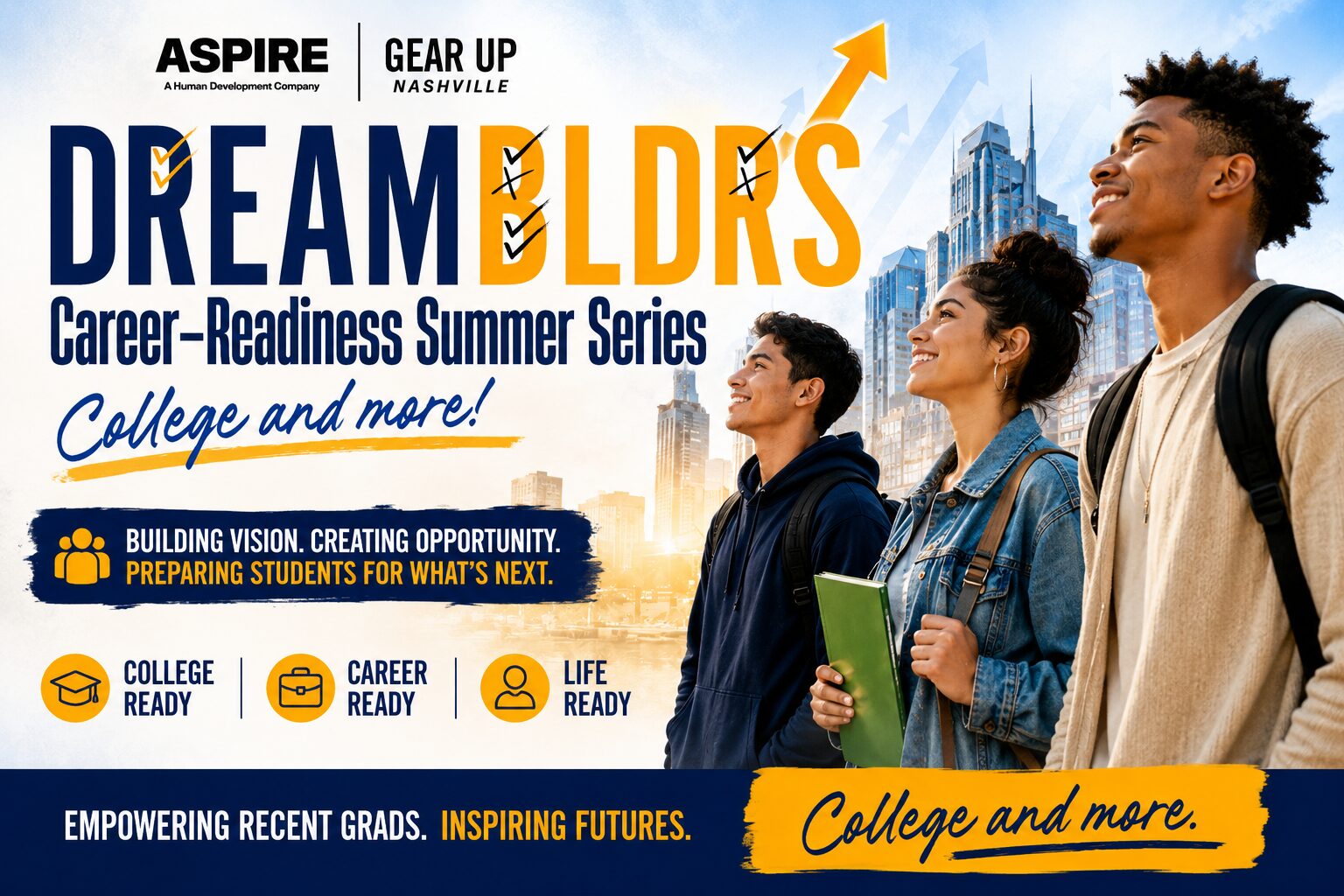ASPIRE x GEAR UP Nashville Dream BLDRS webpage image promoting a career-readiness summer series for recent grads in Nashville.