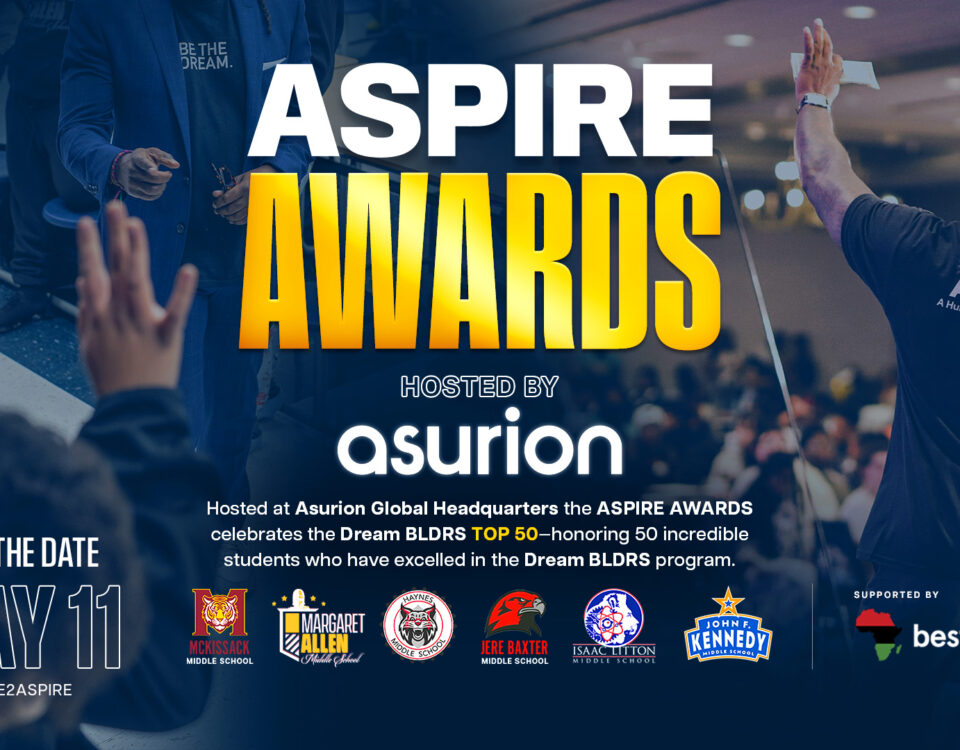 ASPIRE AWARDS hosted by Asurion graphic featuring six Nashville middle schools, Dream BLDRS student recognition, and support from BEST