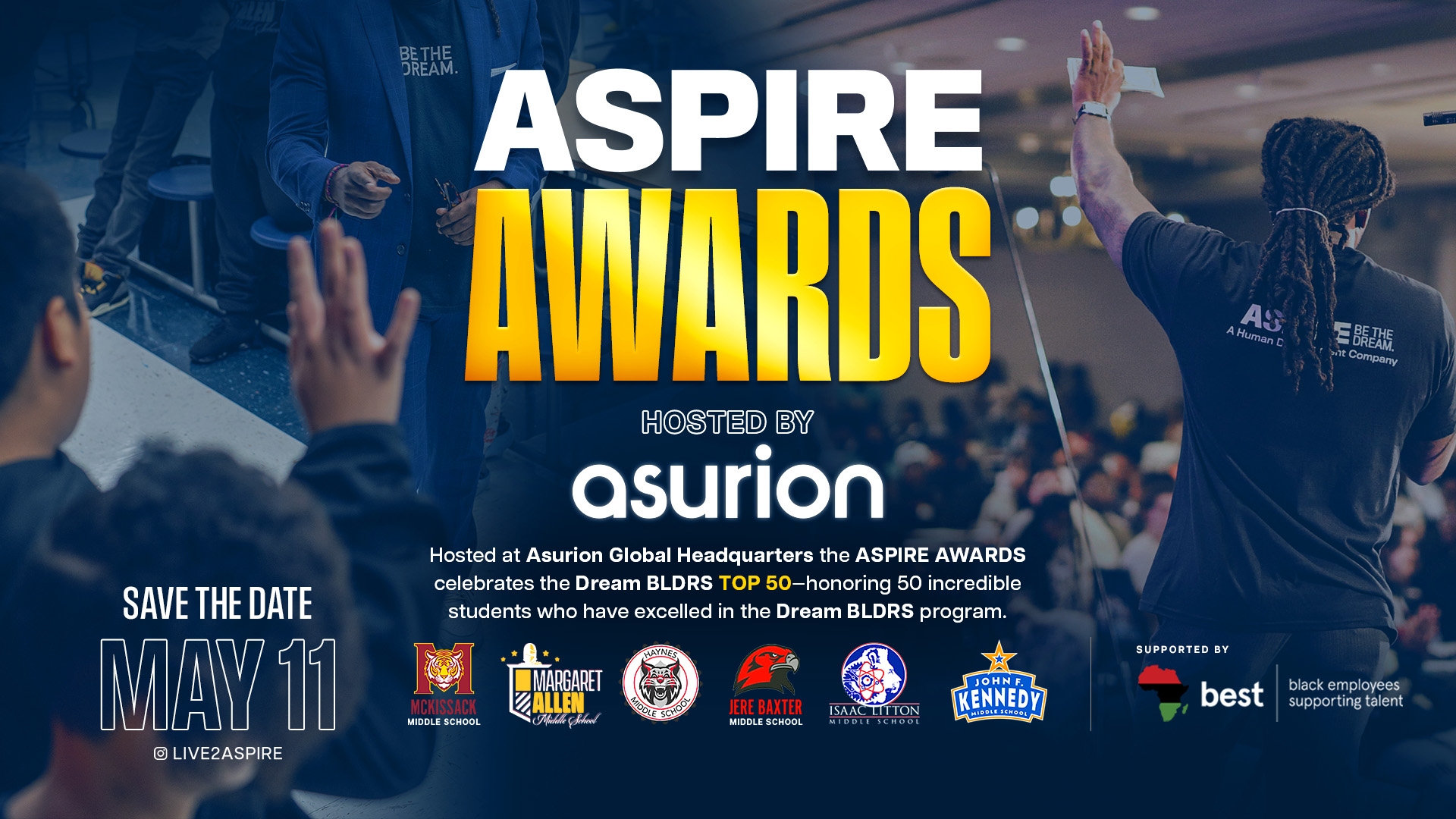 ASPIRE AWARDS hosted by Asurion graphic featuring six Nashville middle schools, Dream BLDRS student recognition, and support from BEST