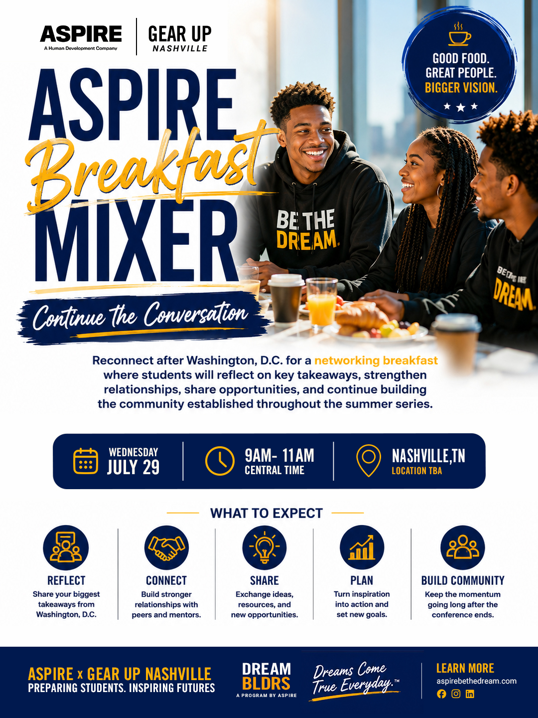 Students gather for the Aspire x GEAR UP Nashville Breakfast Mixer to reflect on the National GEAR UP Conference, network, and build community.
