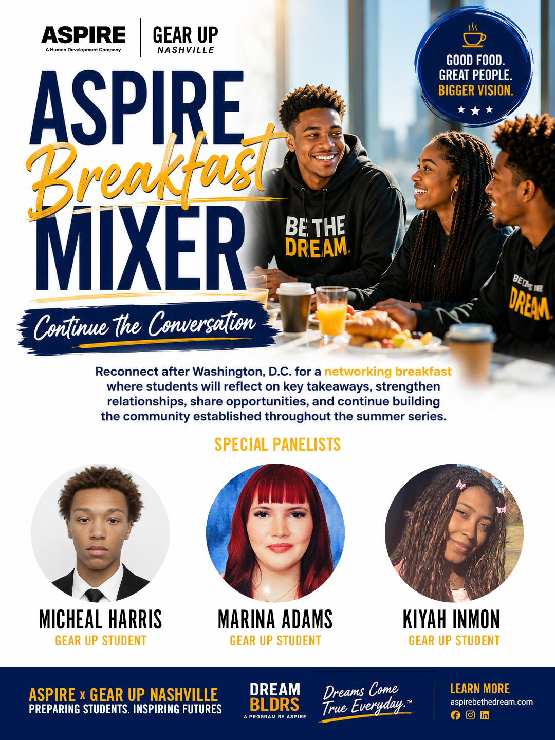 GEAR UP Nashville students participate in a panel discussion during the Aspire Breakfast Mixer following the National GEAR UP Conference.