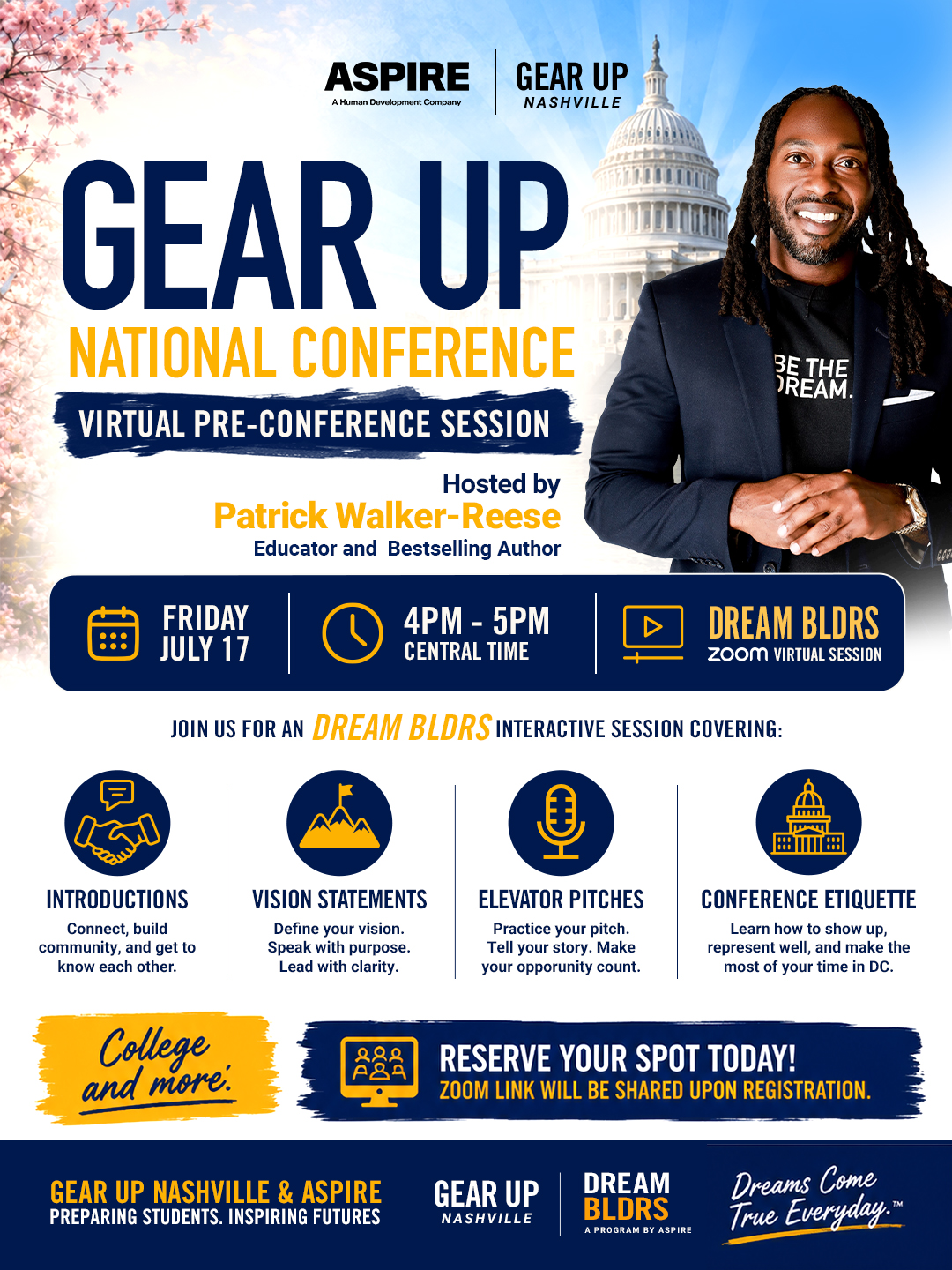 Patrick Walker-Reese hosts the ASPIRE x GEAR UP Nashville Dream BLDRS virtual pre-conference session preparing students for the National GEAR UP Conference.