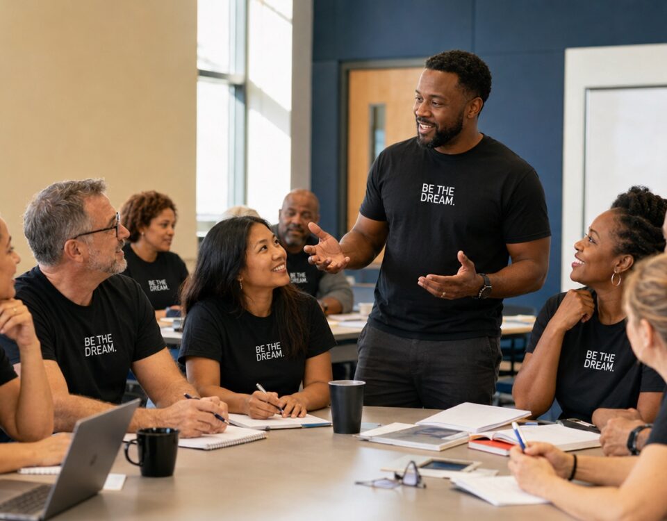 District educators and school-system leaders wearing BE THE DREAM shirts during a Dream BLDRS+ professional development session.