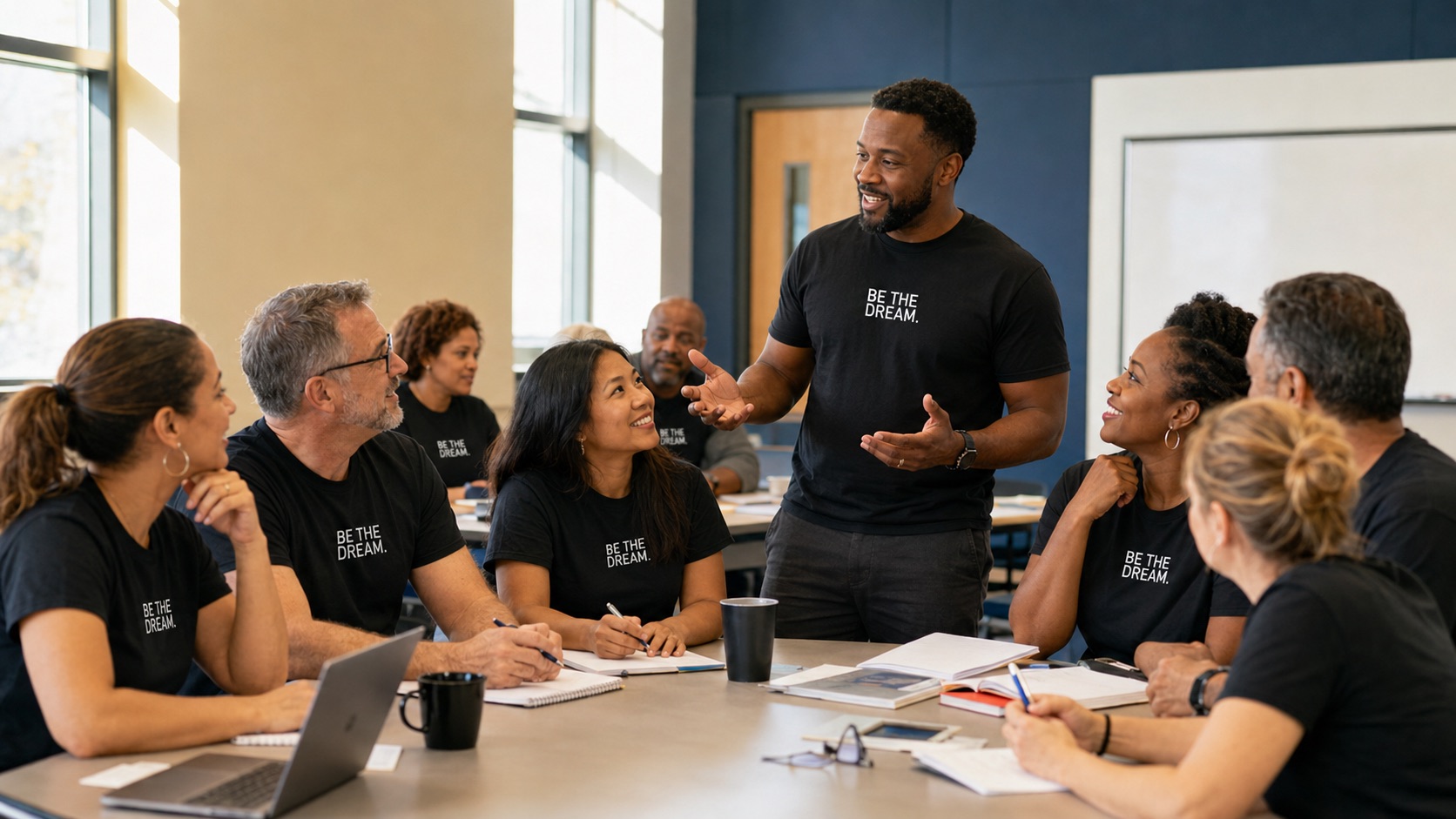 District educators and school-system leaders wearing BE THE DREAM shirts during a Dream BLDRS+ professional development session.