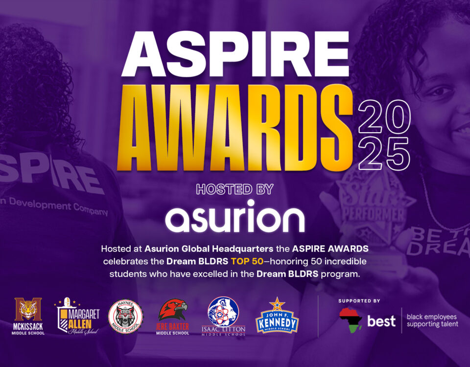 Aspire Awards 2025 at Asurion in Nashville, celebrating 50 Dream BLDRS students, with a student holding a Star Performer award.