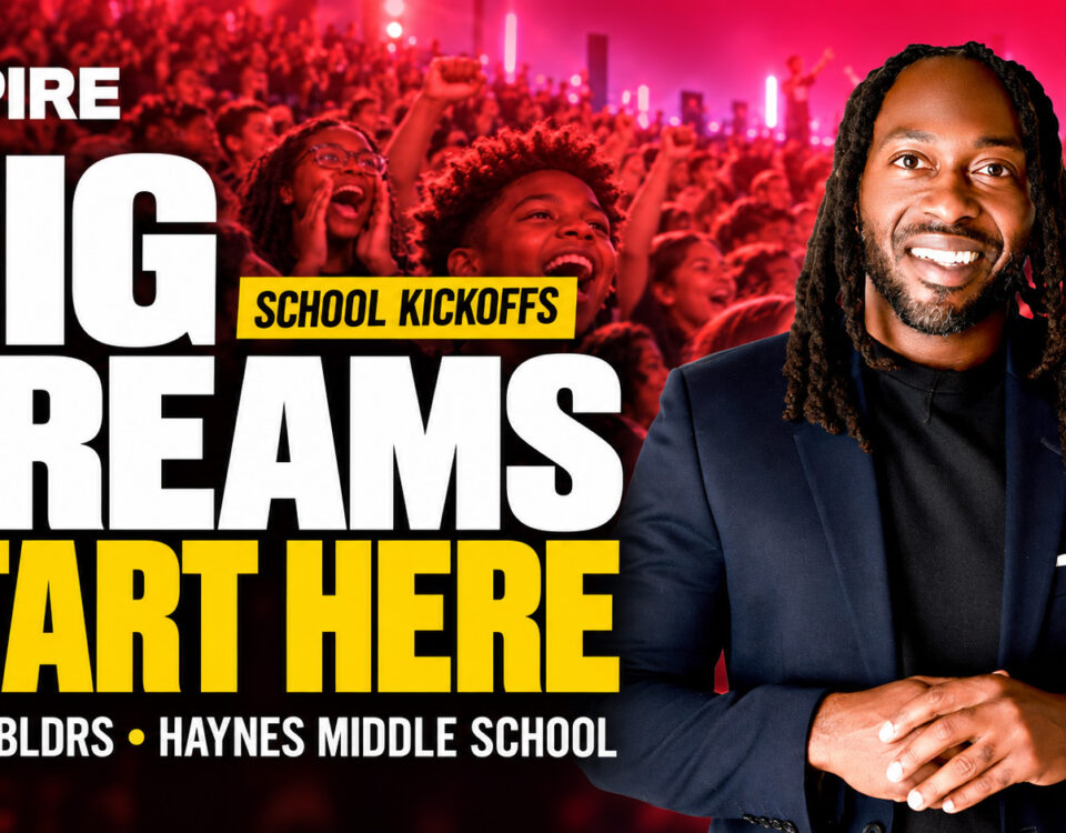 Patrick Walker-Reese beside “Big Dreams Start Here” text promoting Aspire’s Dream BLDRS school kickoffs at Haynes Middle School.