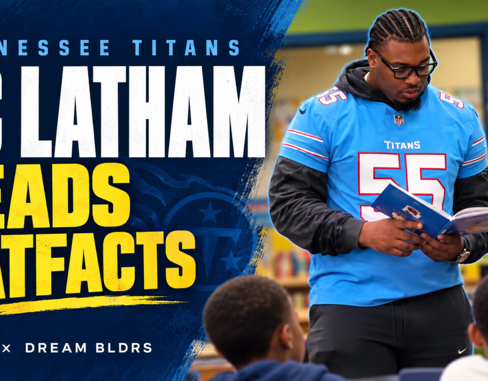 Tennessee Titans’ JC Latham shares his favorite PATFACT during an Aspire Dream BLDRS classroom session.